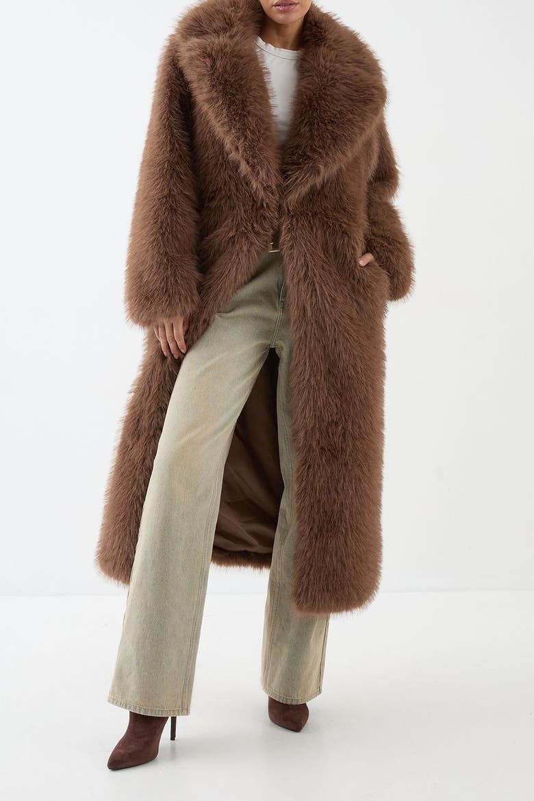 Long Faux Fur Wide Collar Coat, Alternate, color, Brown