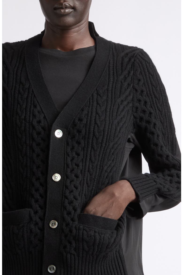 Mixed Media Wool Cable & Poplin Shirt Cardigan, Alternate, color, BLACK/ DARK BLACK