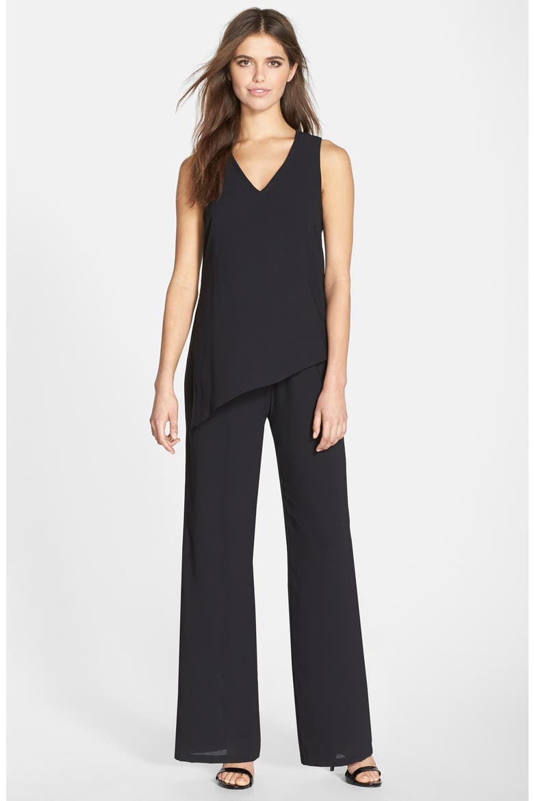 Asymmetrical Layered Crepe Jumpsuit, Main, color, BLACK