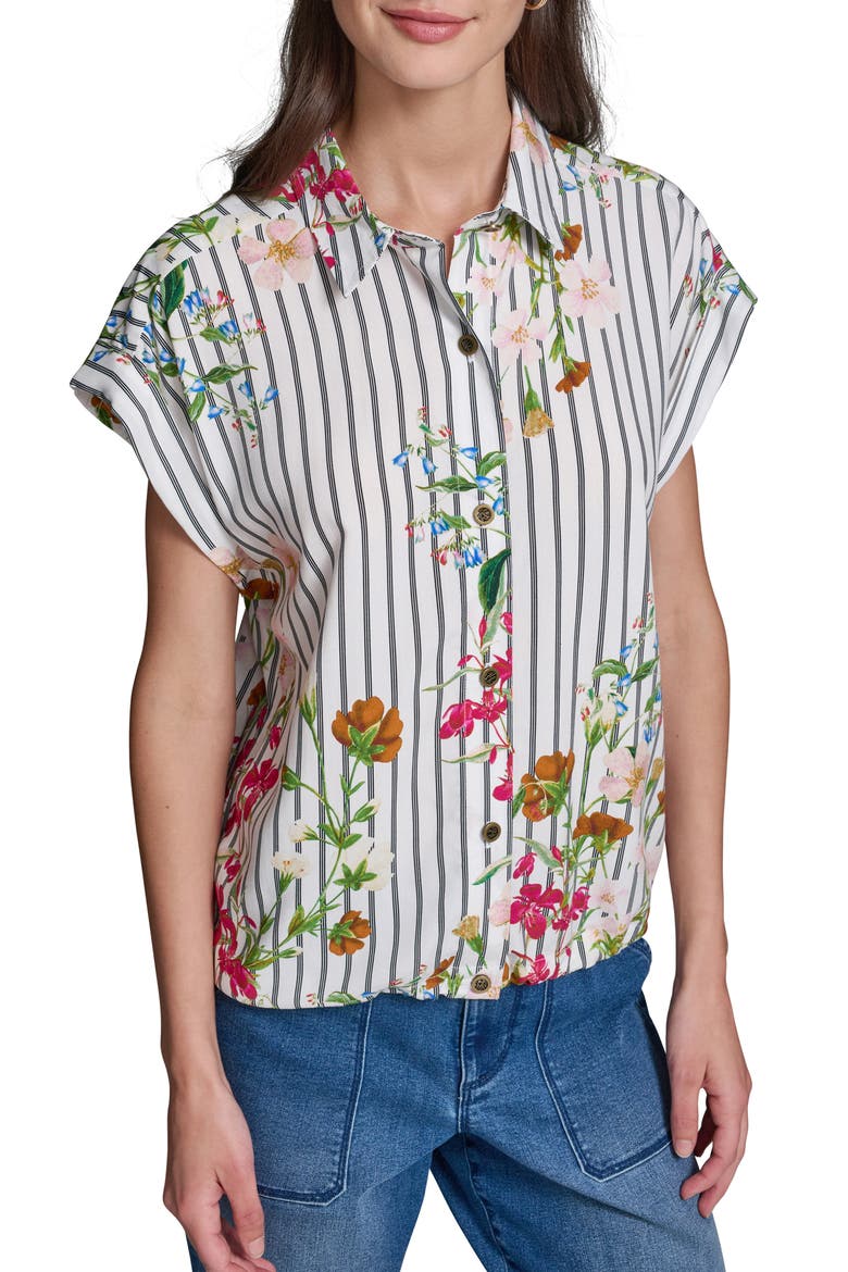 Floral & Stripe Button-Up Shirt, Main, color, SOFT WHITE/MIDNIGHT NAVY COMBO