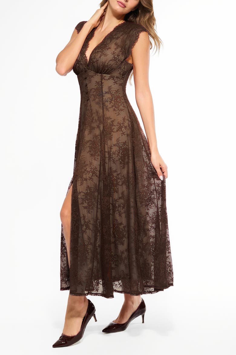 Shapewear Boho Floral Lace V Neck Resort Maxi Dress, Alternate, color, Camel
