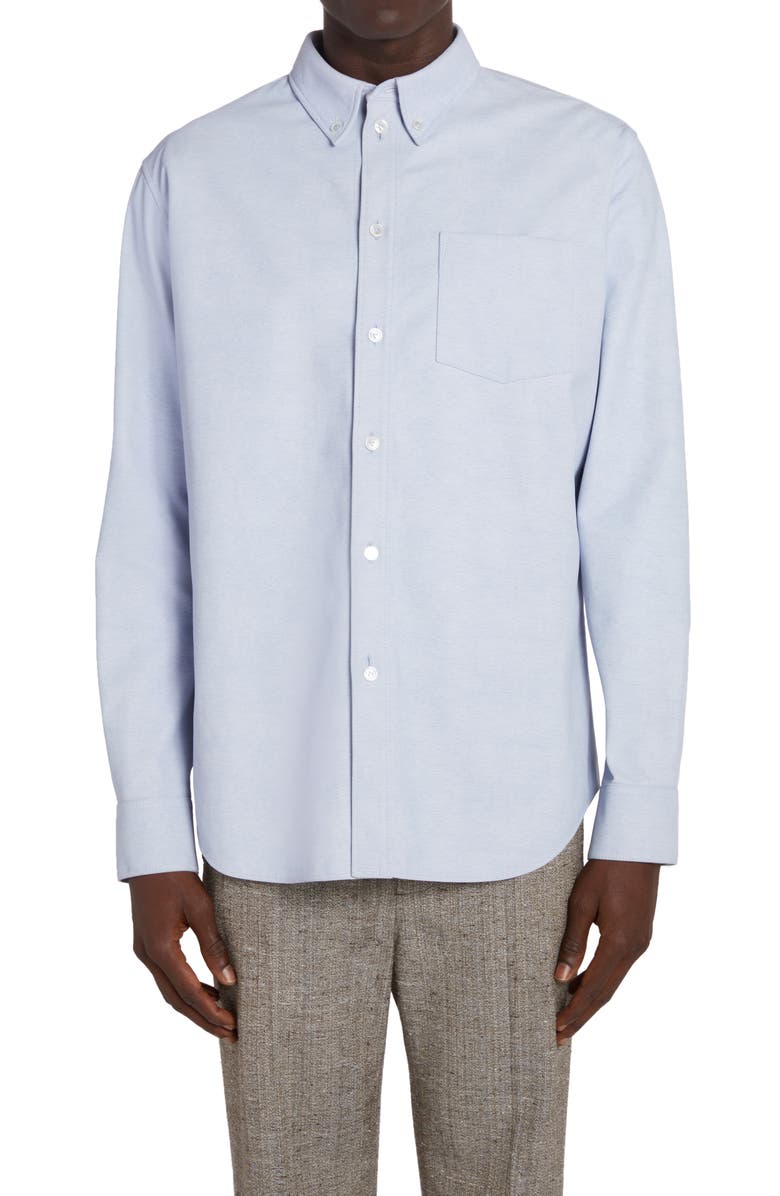 Bottega Veneta Oxford Print Leather Button-Down Shirt, Main, color, 4132 Light Blue