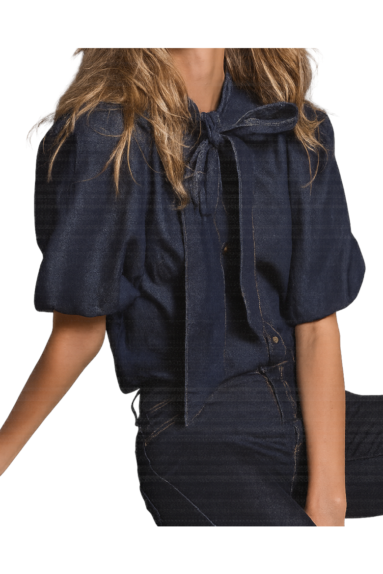 Puff Sleeve Denim Shirt, Alternate, color, Navy