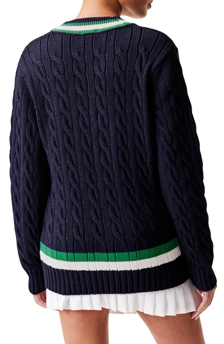 Lacoste Cable Knit Wool Blend Tennis Sweater, Alternate, color, Uj7 Navy Blue/ Rocket-White