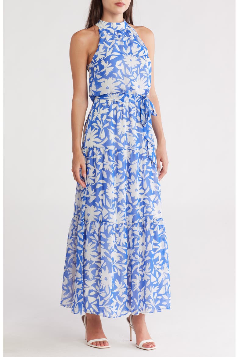 Floral Sleeveless Tiered Chiffon Maxi Dress, Main, color, BLUE IVORY