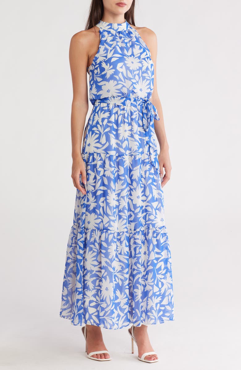 Donna Ricco Floral Sleeveless Tiered Chiffon Maxi Dress, Main, color, Blue Ivory