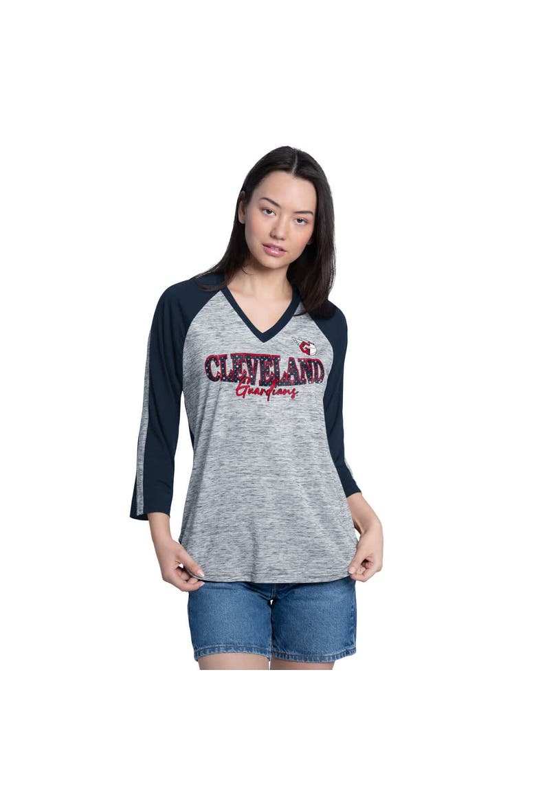 Women's G-III 4Her by Carl Banks Navy/Heather Navy Cleveland Guardians Speed Training 3/4-Sleeve Rhinestone V-Neck T-Shirt, Main, color, Navy