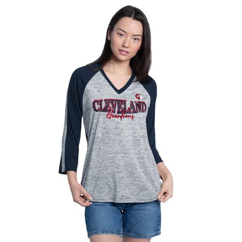 Women's G-III 4Her by Carl Banks Navy/Heather Navy Cleveland Guardians Speed Training 3/4-Sleeve Rhinestone V-Neck T-Shirt