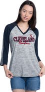 G-III 4HER BY CARL BANKS Women's G-III 4Her by Carl Banks Navy/Heather Navy Cleveland Guardians Speed Training 3/4-Sleeve Rhinestone V-Neck T-Shirt
