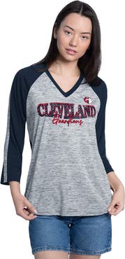 G-III 4HER BY CARL BANKS Women's G-III 4Her by Carl Banks Navy/Heather Navy Cleveland Guardians Speed Training 3/4-Sleeve Rhinestone V-Neck T-Shirt