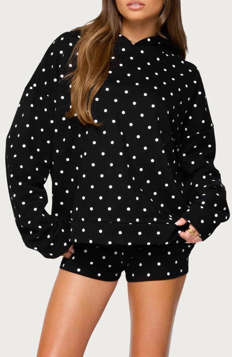 EDIKTED Chelsie Polka Dot Hoodie, Main, color, Black-And-White