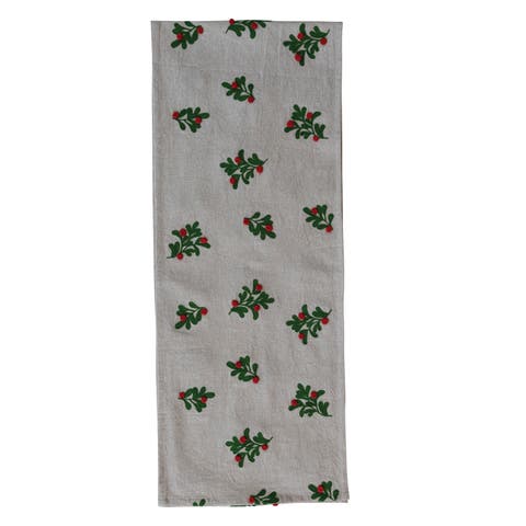 Cotton and Linen Table Runner with Embroidered Mistletoe and Pom Poms, Natural, Green and Red