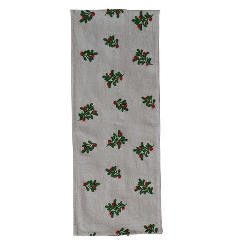 Storied Home Cotton And Linen Table Runner With Embroidered Mistletoe And Pom Poms, Natural, Green A In Gray