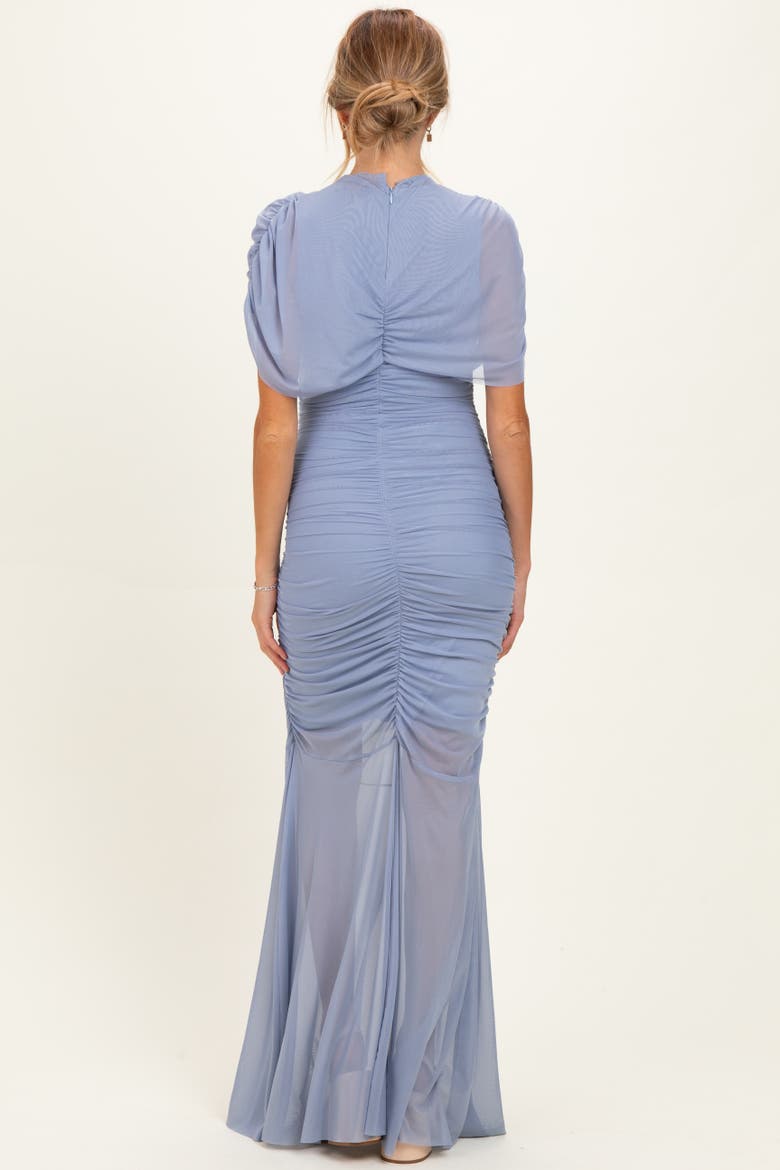 Draped Bodice Ruched Mesh Maxi Dress, Alternate, color, Blue