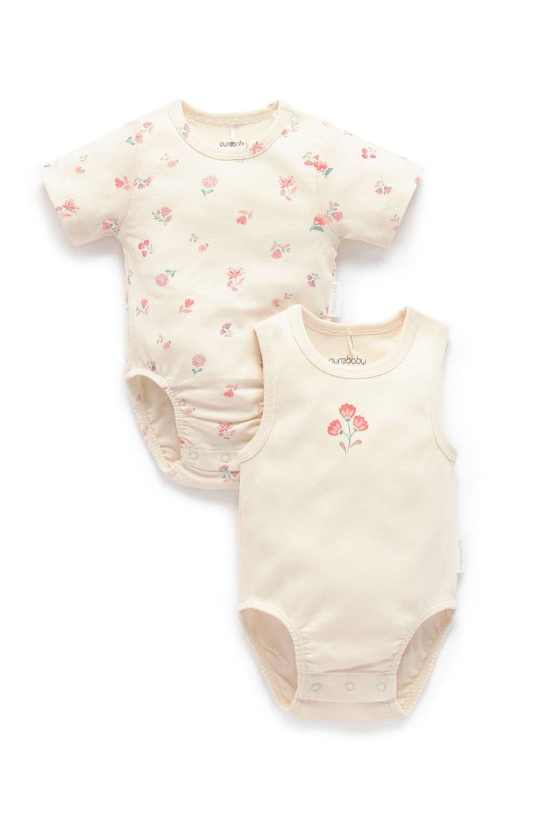 Purebaby 2 Pack Short Sleeve Ribbed Bodysuit Floral, Main, color, Emilia Print