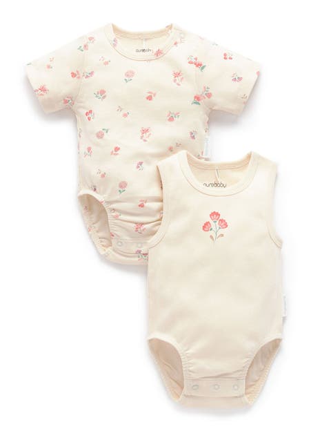 2 Pack Short Sleeve Ribbed Bodysuit Floral