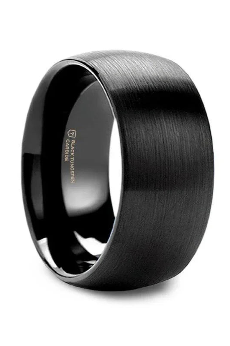 Raider Domed Brush Finished Tungsten Wedding Band, Main, color, Black 10mm