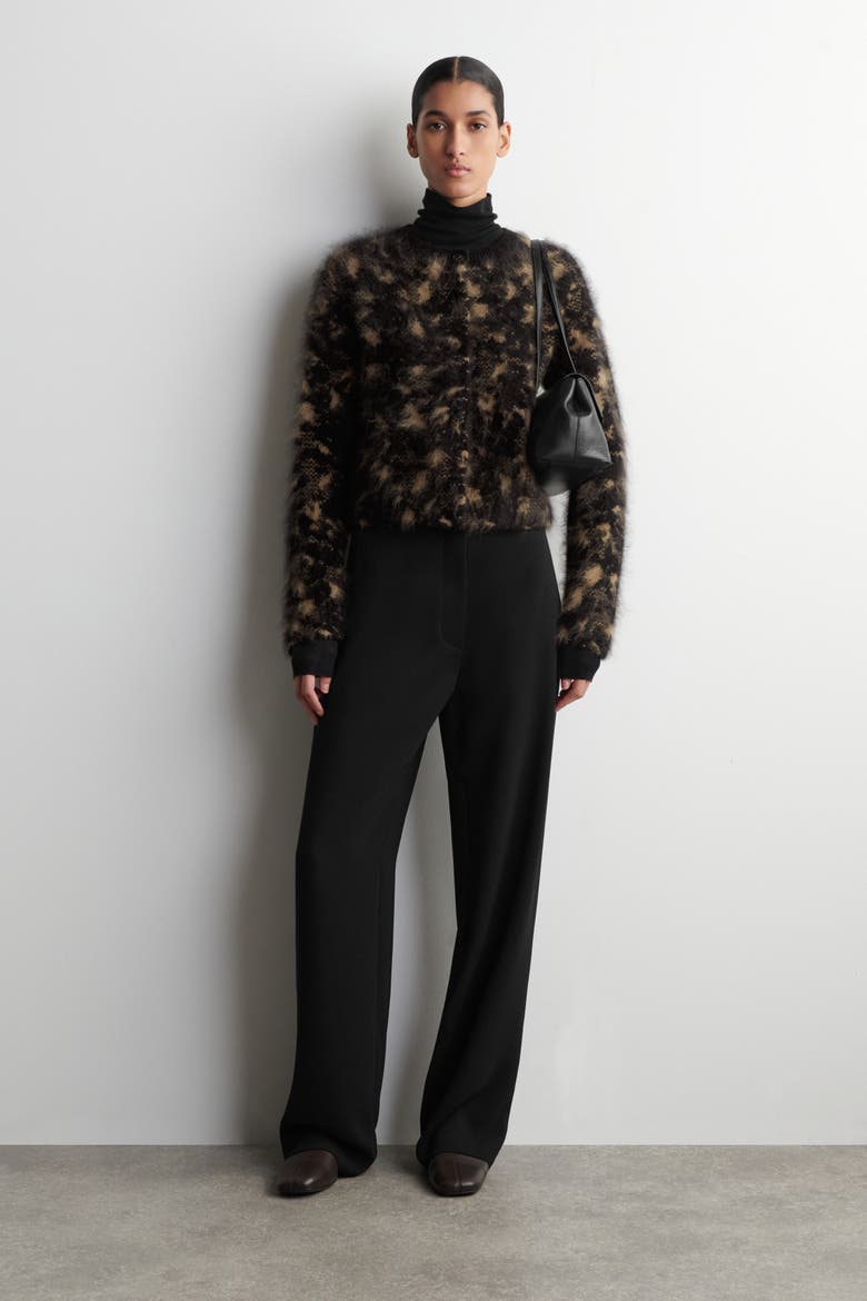 Animal-jacquard Merino Wool Cardigan, Alternate, color, BLACK / BROWN