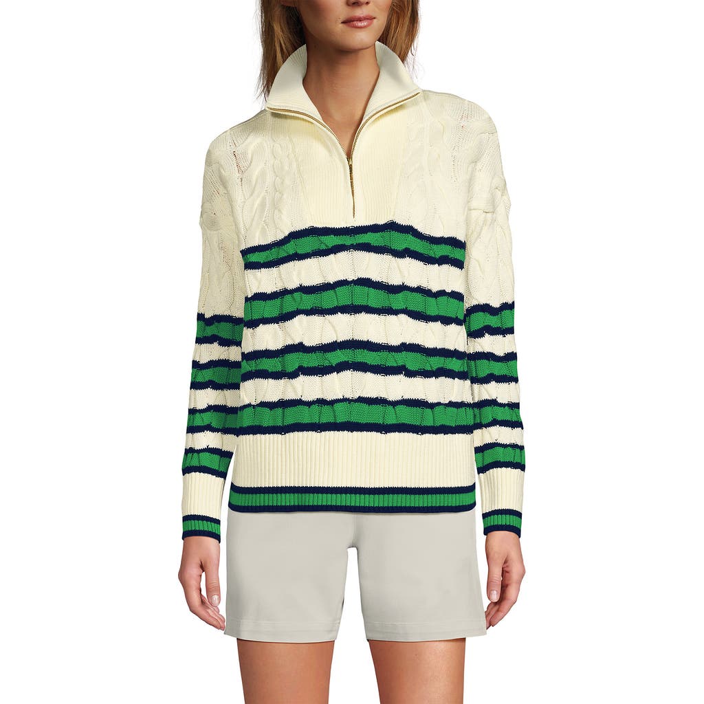Lands' End Drifter Cotton Quarter Zip Pullover Sweater In Fresh Ivory/navy Clover Stripe