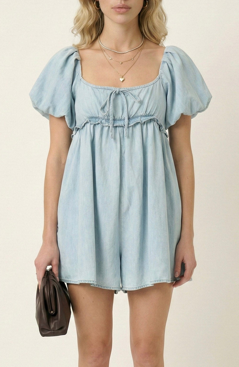 Modenaire Puff Sleeve Romper with Tie Front and Relaxed Flowy Fit, Main, color, Light Blue