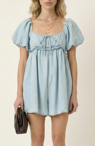 Modenaire Puff Sleeve Romper with Tie Front and Relaxed Flowy Fit