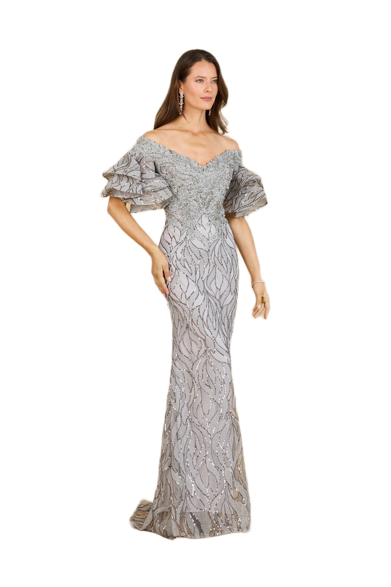 Off Shoulder Mermaid Beaded Gown with Tiered Sleeves, Main, color, Grey