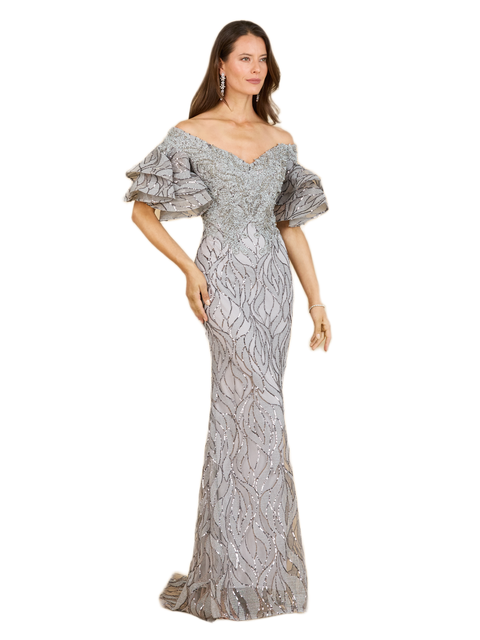 Off Shoulder Mermaid Beaded Gown with Tiered Sleeves