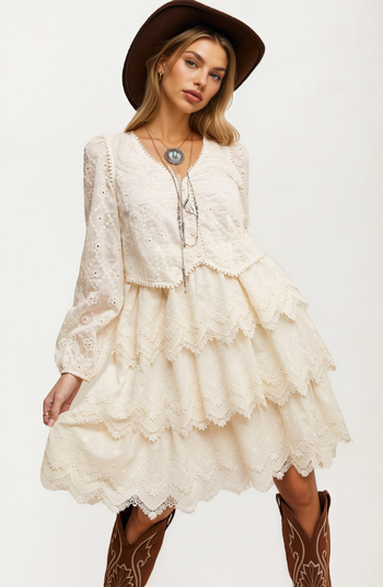 Tiered Scalloped Hem Long Sleeve Lace Dress