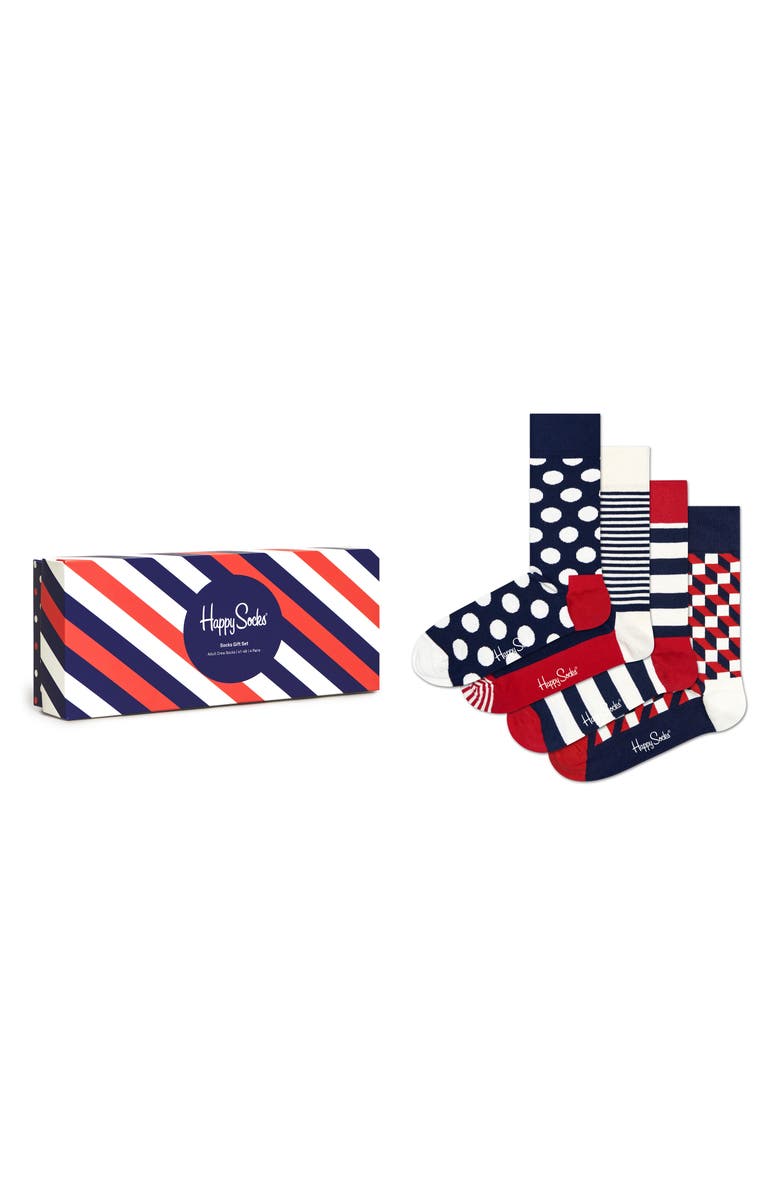 Happy Socks Classic Dot & Stripe 4-Pack Cotton Blend Crew Socks Gift Set, Alternate, color, Navy