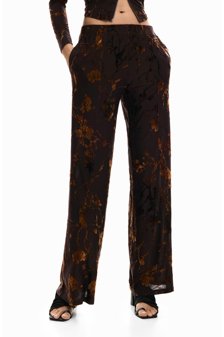 Burnout Floral Straight Leg Pants, Main, color, BROWN