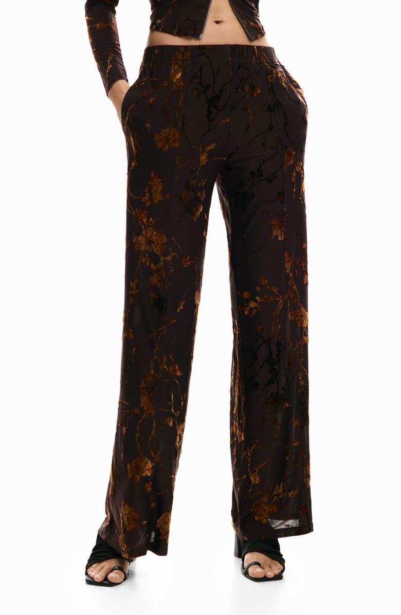Desigual Burnout Floral Straight Leg Pants, Main, color, Brown