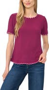 CeCe Scallop Trim Puff Sleeve Knit Top