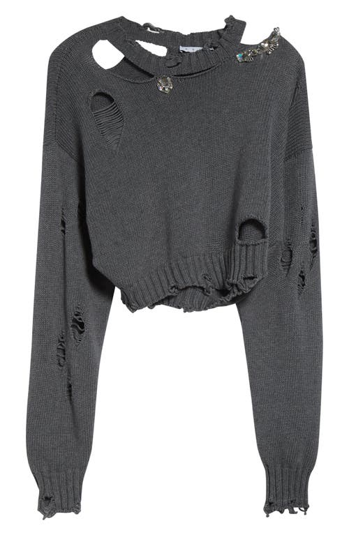 Area Distressed Crystal Organic Cotton & Cashmere Crewneck Sweater In Gray