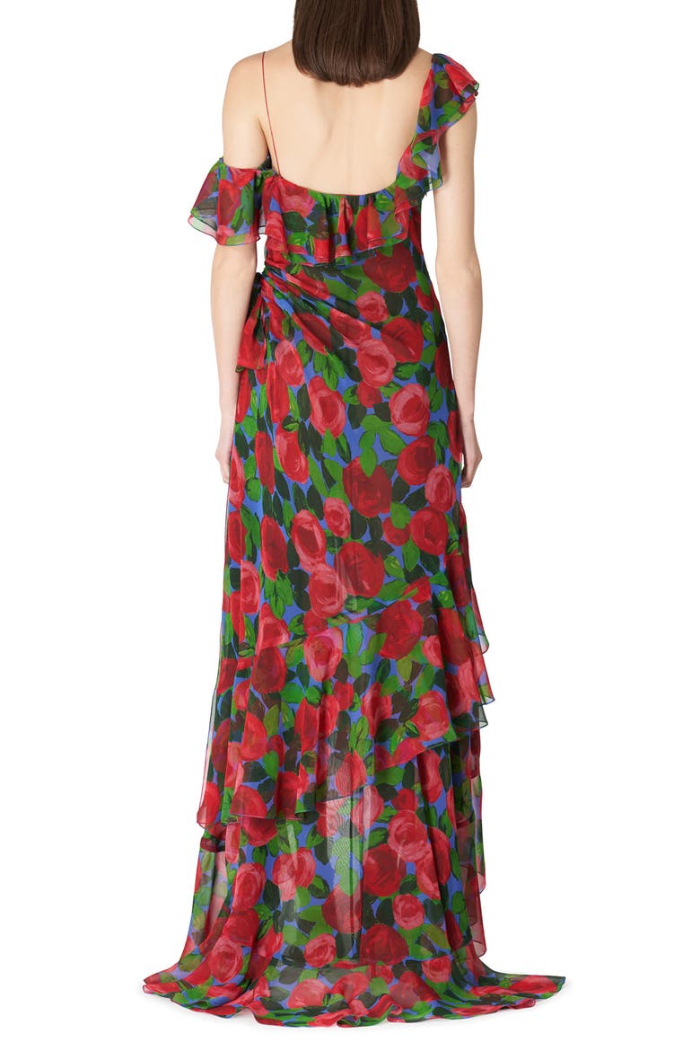 Rose Print Ruffle One Shoulder Silk Gown, Alternate, color, RED MULTI COLOR