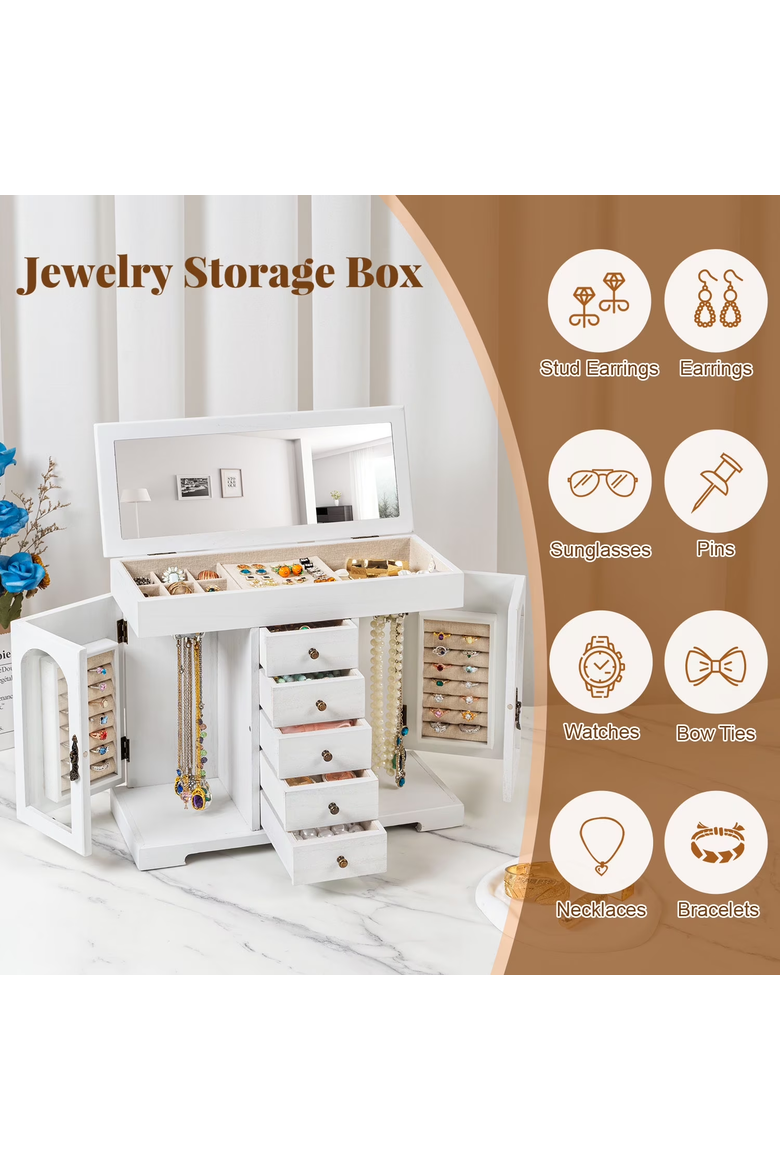 Wooden Jewelry Organizer Cabinet with Mirror, Alternate, color, White