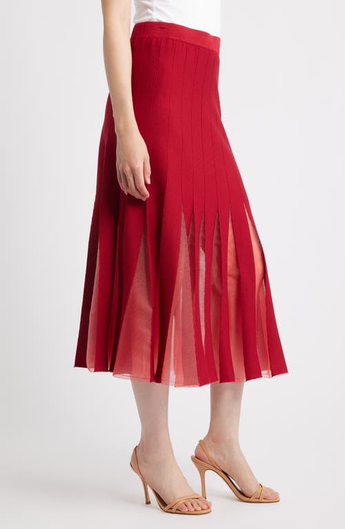 Misook Sheer Panel A-line Midi Skirt In Red