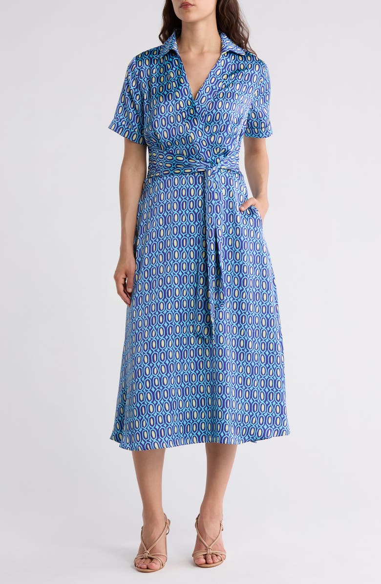 Tahari ASL Geometric Print Short Sleeve Midi Shirtdress, Main, color, 