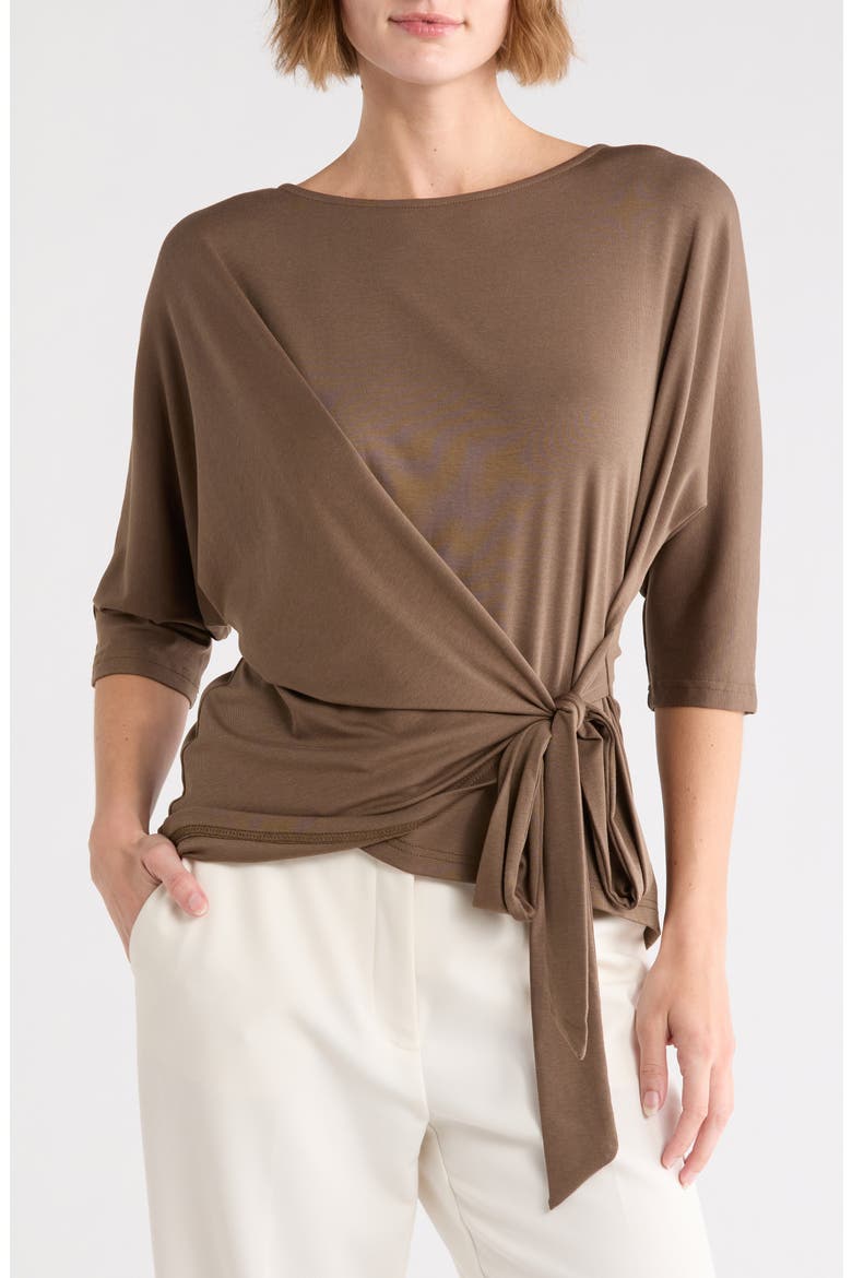 Side Tie Three-Quarter Sleeve Top, Main, color, BROWN