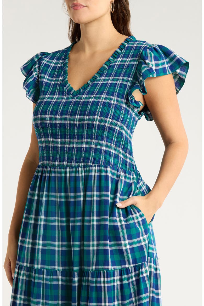 Buckley Plaid Sunfire Smocked Cotton Tiered Maxi Dress, Alternate, color, NAVY-GREEN