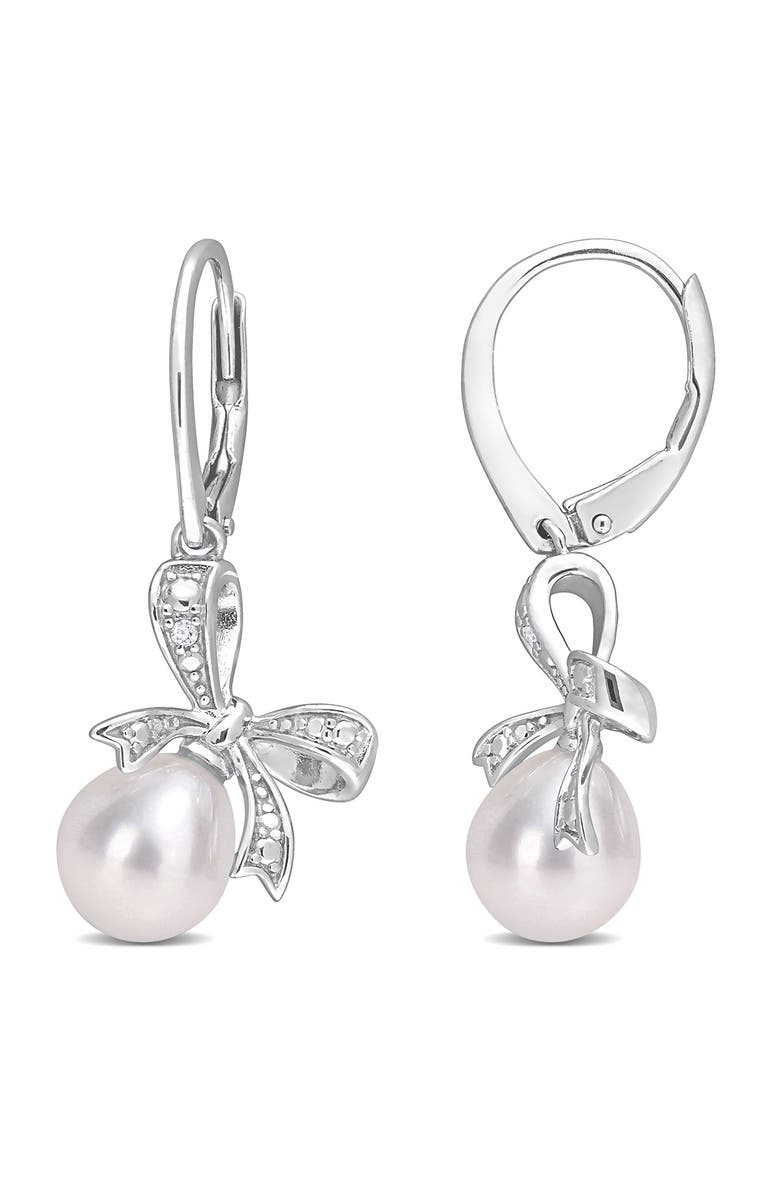 DELMAR Diamond & 7Freshwater Cultured Pearl Bow Earrings - 0.02ct., Main, color, 