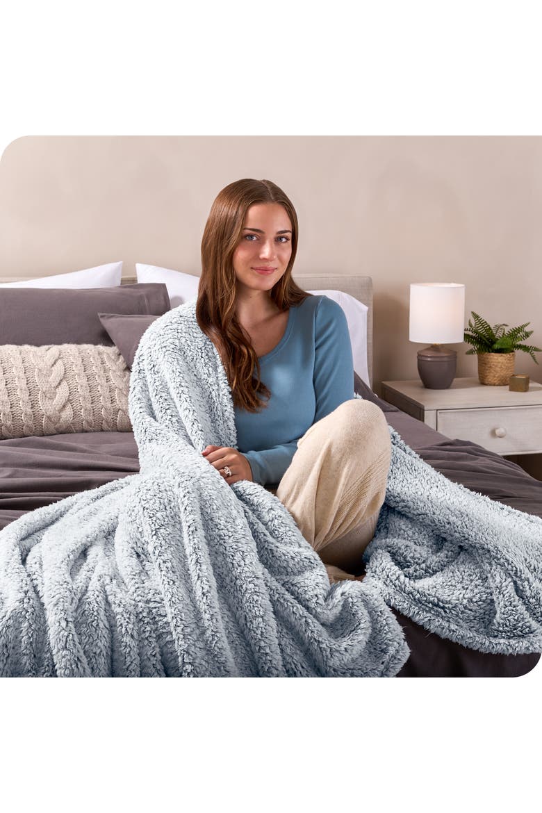 Tipped Faux Shearling Blanket, Alternate, color, Dusty Blue