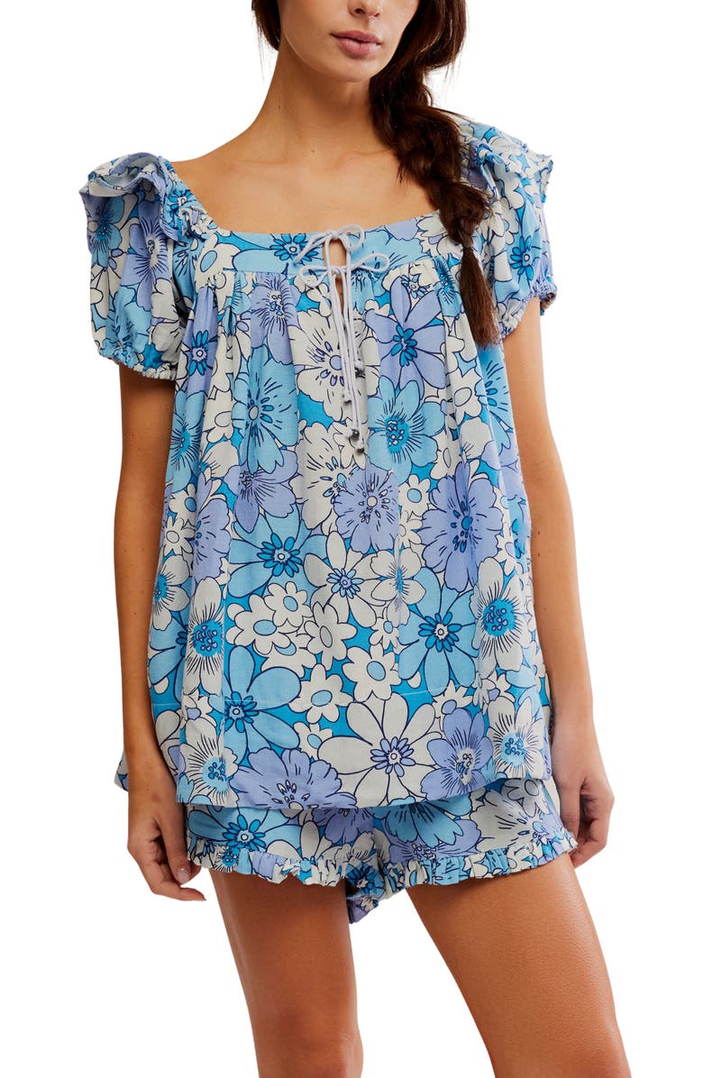 Free People Maggie Mae Floral Print Tunic & Shorts, Alternate, color, Diva Blue Combo