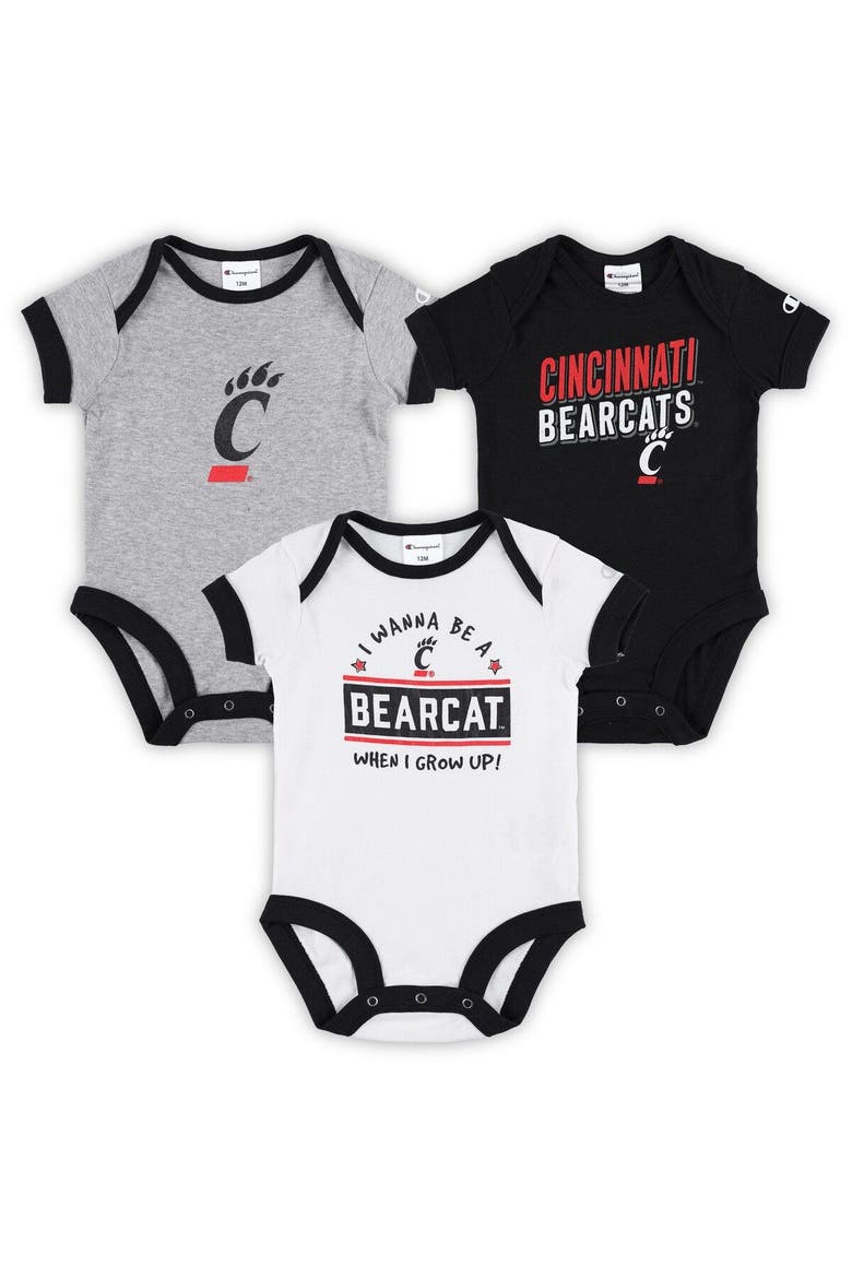 Infant Champion Black/Heather Gray Cincinnati Bearcats I Wanna Be Three-Pack Bodysuit Set, Main, color, Black