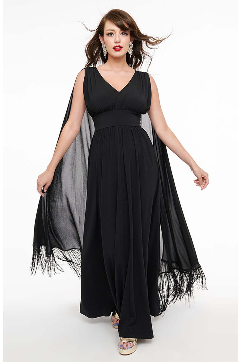 1970s Fringe Cape Maxi Dress, Main, color, Black