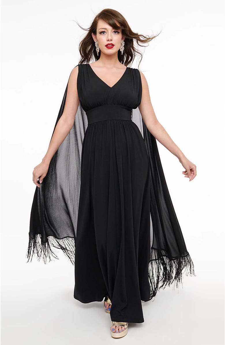 Smak Parlour 1970s Fringe Cape Maxi Dress, Main, color, Black