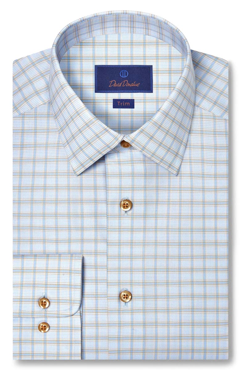 David Donahue Trim Fit Dobby Check Cotton Dress Shirt, Main, color, Sky/ Dune