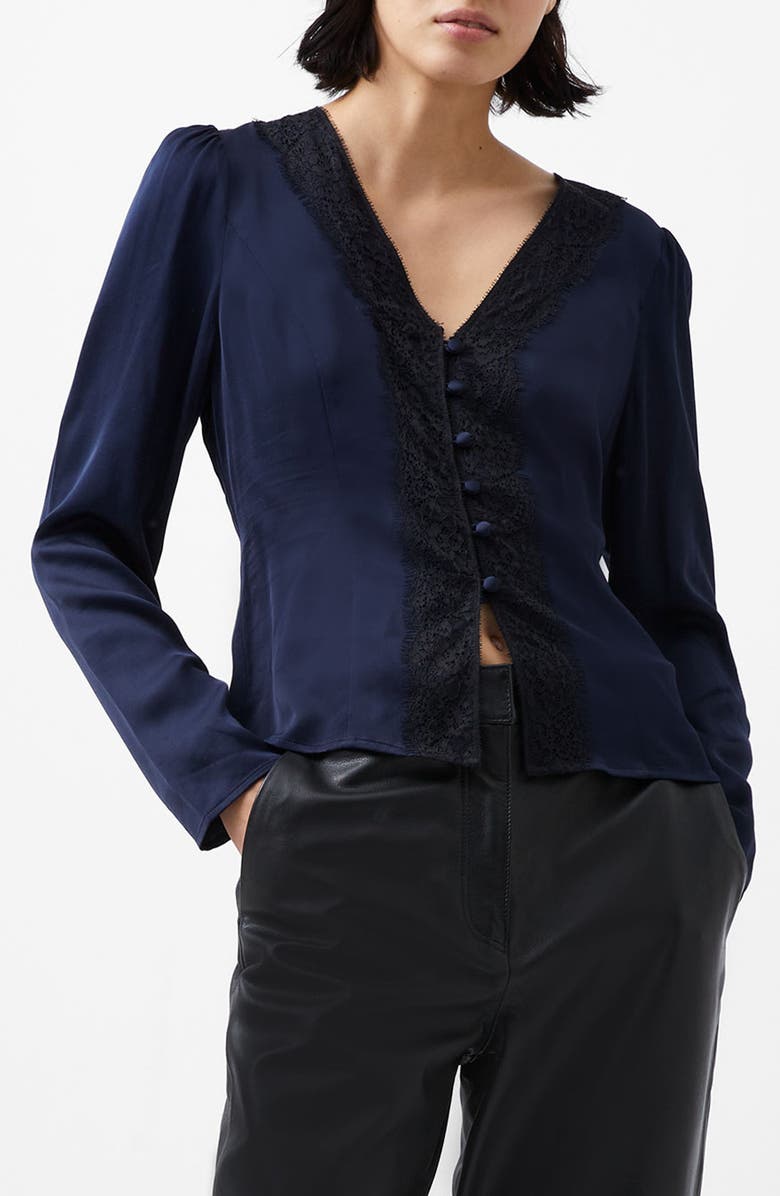 French Connection Ennis Lace Trim Satin Button-Up Top, Main, color, Marine-Black