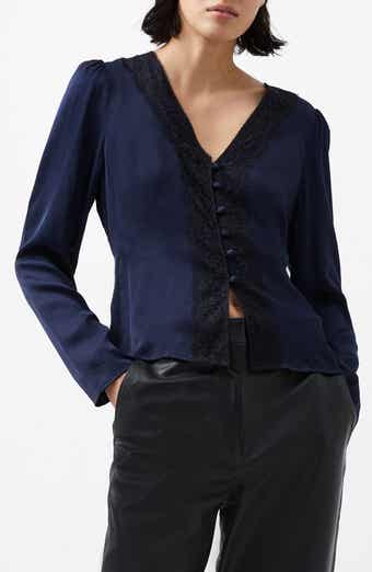 French Connection Ennis Lace Trim Satin Button-Up Top