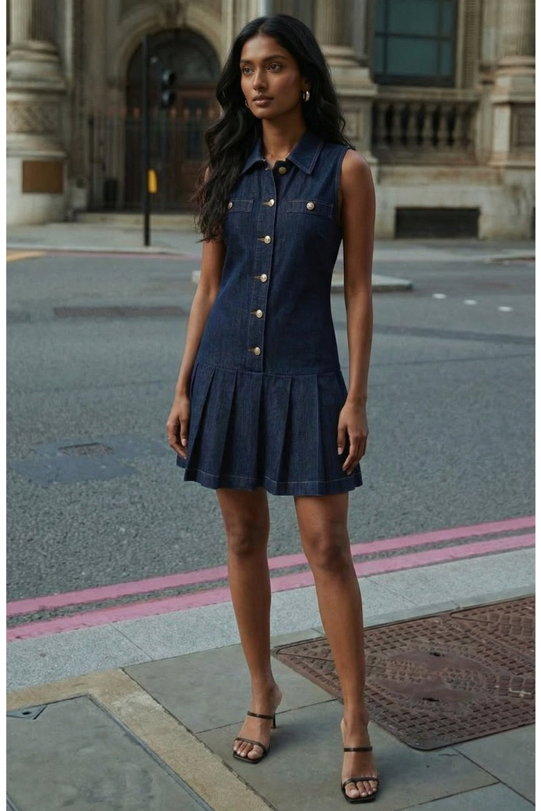 Sleeveless Denim Mini Dress with Pleated Hem, Alternate, color, Navy Blue