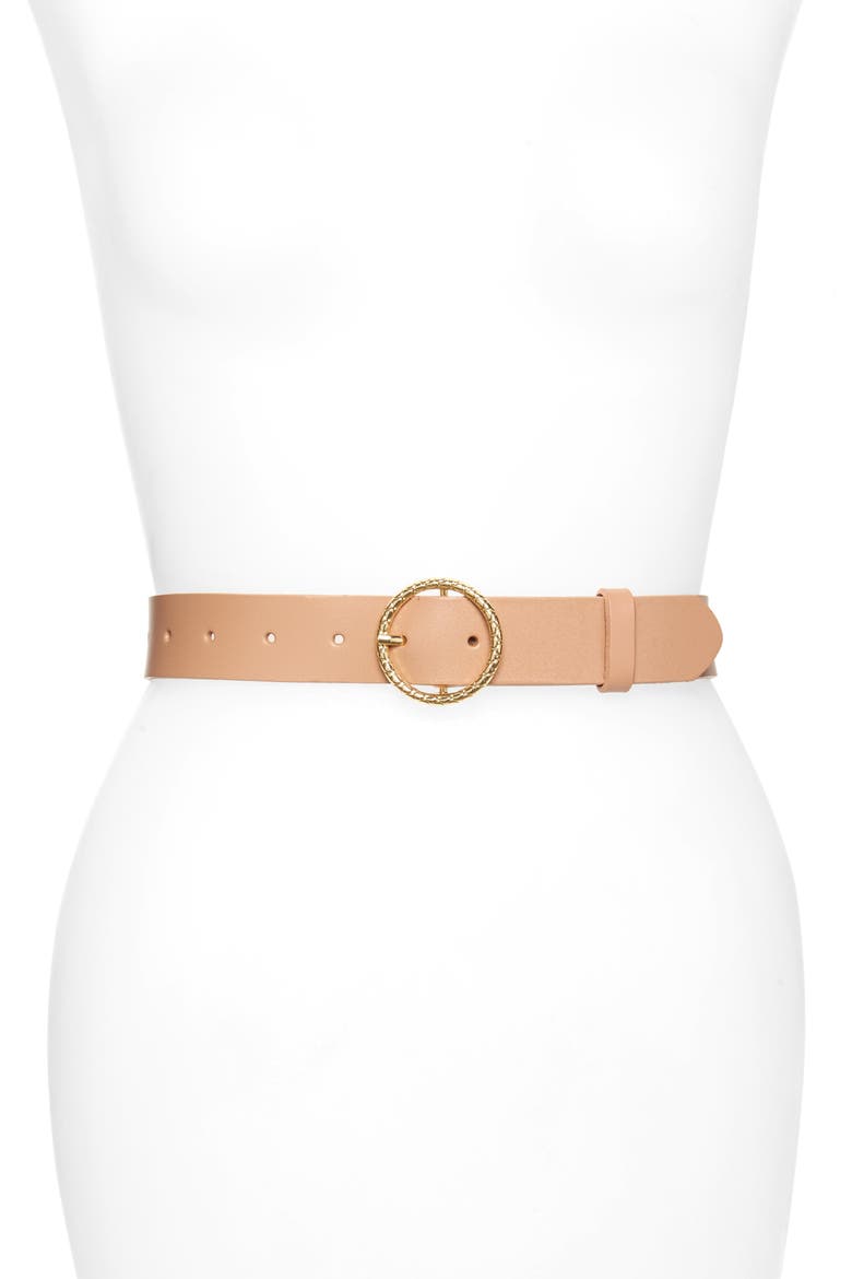Circle Buckle Leather Belt, Main, color, CAMEL